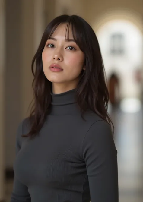 masterpiece, top quality, Wear a fitted turtleneck dress、very stylish woman、With the hall in the background、sexy girl、