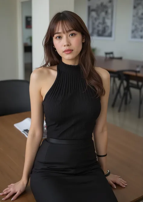 masterpiece, top quality, Wear a fitted turtleneck dress、very stylish woman、sexy girl、big butt against the backdrop of a sophisticated office