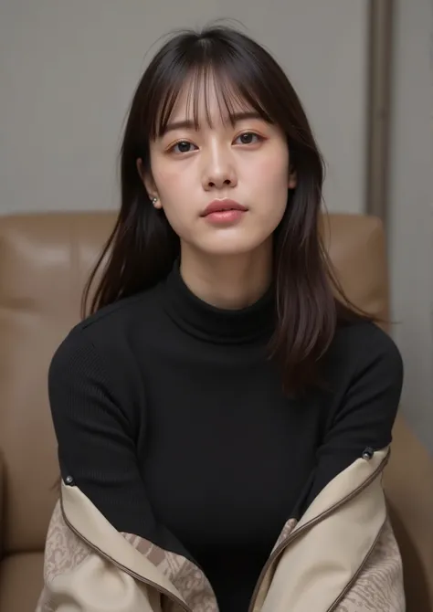 masterpiece, top quality, Wear a fitted turtleneck dress、very stylish woman、With the hall in the background、sexy girl、look back、big butt against the backdrop of a sophisticated office