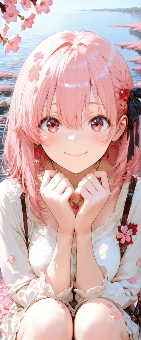 (River Love ) ((superior quality)), ((Masterpieces)), ( further), perfect face, cute girl, There are pink petals everywhere, I have a cherry blossom pin and there are pink petals around , pink hair