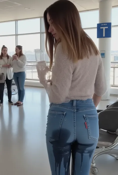 beautiful young brunette 20 year old girl standing in an airport and peeing herself. Shot from the side. There is lots of natural light. piss is flowing from her bottoms in a stream and a wet crotch stain is visible on the back of her pants. regular skinny...
