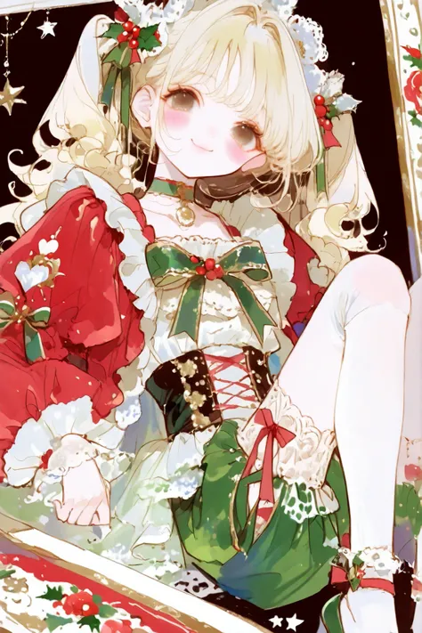 thin lines, thin colors, watercolor, colorful, fantasy, (looking viewer :1.5), christmas theme,
1 girl, solo, blonde hair, long hair, black eyes, blush stickers, smiling, Bunny girl dress, christmas red dress, open front prom dress, white ruffles, hemlin...