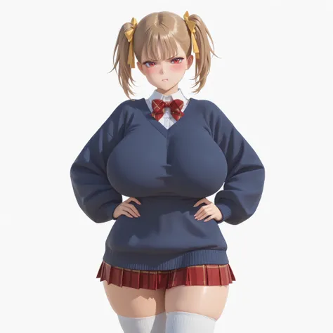 masterpiece, ultra-HD, impressionism, high detail, best quality, very aesthetic, 8K, best quality, beautiful, ultra-high resolution, 32K UHD, sharp focus, 3D, 1girl, solo, Rumi, light brown hair, twin pigtails, middle bangs, hair ribbons, yellow ribbons, r...