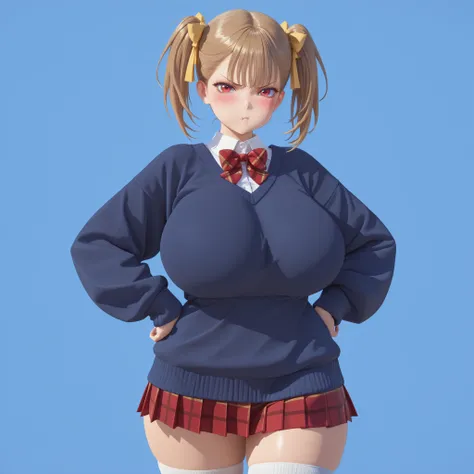 masterpiece, ultra-HD, impressionism, high detail, best quality, very aesthetic, 8K, best quality, beautiful, ultra-high resolution, 32K UHD, sharp focus, 3D, 1girl, solo, Rumi, light brown hair, twin pigtails, middle bangs, hair ribbons, yellow ribbons, r...