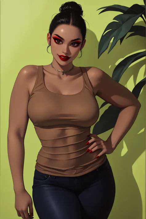 1girl, perfect body, black hair, hair bun kont top, forehead, black thin eyebrows, big brown eyes, black eyeliners, red thick lipstick, big smile, beautiful girl, medium breasts, brown tank top, blue jeans pants, thick thighs, hand on hip