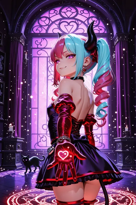 ultra-detailed, finely detail, 8k wallpaper, anime demon girl character,

((purple eyes)), (glowing purple eyes:1.3), eerie glowing eyes, ((two-tone hair, pink hair, light blue hair)), twin tails streaming, (black horn), (heart charm choker), petite teenag...