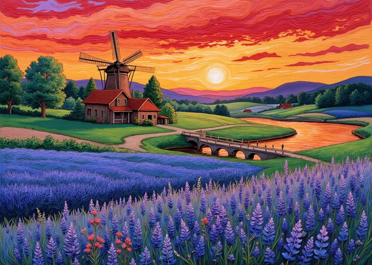 modern abstract oil painting design by Vincent van Gogh ,  depicting a sea of blue wildflowers, A field of colorful lavender flowers, In the center, as the sun sets over the farmhouse、A beautiful stream flows into an elegant Dutch windmill、Snake line 。ther...