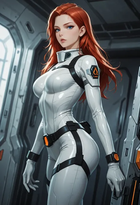 high resolution images, masterpiece, Highest Quality, amazing quality, official art, Highly detailed, Wallpaper, 1 girl, blue eyes, red hair, big eyes, slender, wide hips, (slim thighs), A very attractive and slim woman wearing a tight spacesuit walks thro...