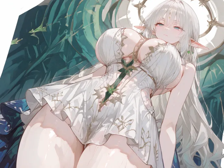 masterpiece, best quality, 4k, amazing quality, very aesthetic, absurdres,, detailed eyes, detailed hair,1girl, solo, very detailed eyes and face, Standing in Universe. She is 5ft9 tall, with mid-thigh length white hair, mesmerizing emerald eyes, a face th...