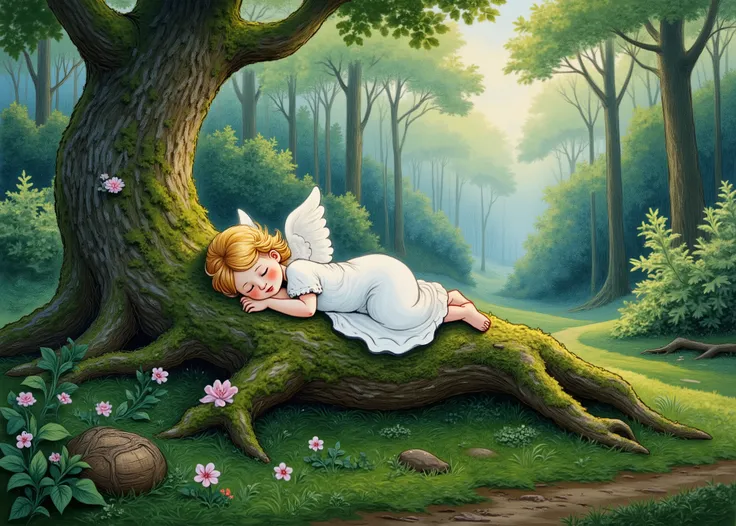 (modern abstract oil painting design by Vincent van Gogh ,masterpiece, high quality, high image quality, and high precision, photorealistic),fairy tale scene、Deep in the Forest、(On the Midori Grass、1 Angel Sleeping on a Mossy Tree Bed、so cute、eyes closed、I...