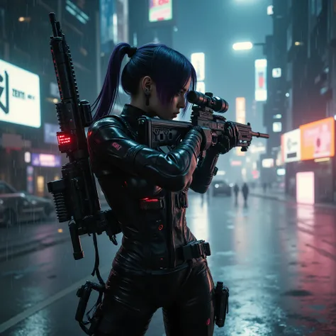 female android assassin, midnight,Cyberpunk City with Violent Explosions and White Smoke,intense shootout with lots of bullets flying around, Look into the scope and hold up the rifle,(top quality,4K,8k,High Resolution,masterpiece:1.2),super detailed,(real...