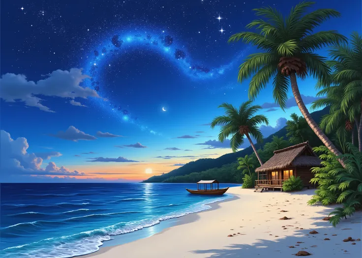 modern abstract oil painting design by Vincent van Gogh、high resolution image、shot with a wide angle lens、Mysterious Seas in Southeast Asia、Bay-like beach 、Twilight Time、dark blue sky、Light orange clouds、Bright Star、Clear cobalt blue sea、View of white sand...