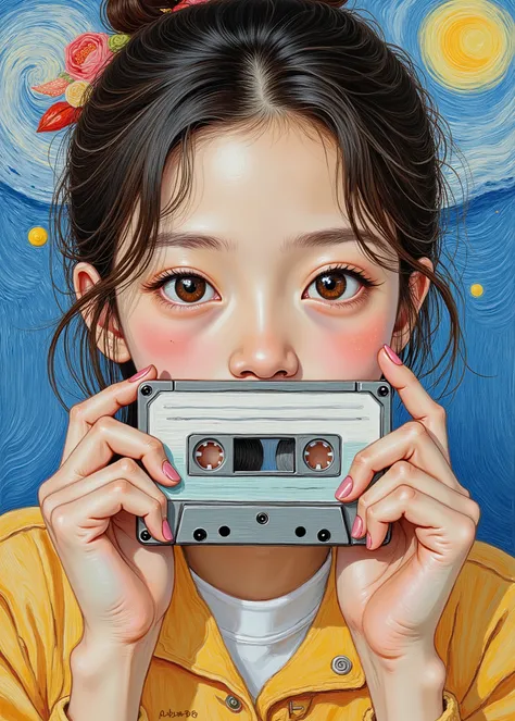 modern abstract oil painting design by Vincent van Gogh、incredibly cute japanese girl showing fair skin,Holding a cassette tape、very real, これは非常にdetailsデジタル写真です、 Professional photographer shooting、PERFECT LIGHTING、 Beautiful Perfect Hands 、close-up pict...