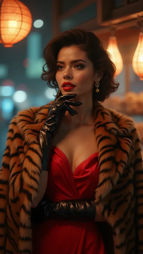 highdefinition picture、black velvet gloves in a tiger fur coat、Osaka woman in a red dress、waiting for takoyaki to be made