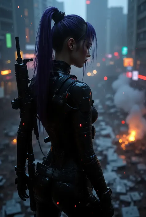 female android assassin, midnight,Cyberpunk City with Violent Explosions and White Smoke,intense shootout with lots of bullets flying around, Look into the scope and hold up the rifle,(top quality,4K,8k,High Resolution,masterpiece:1.2),super detailed,(real...