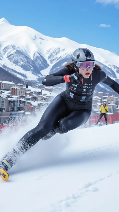highdefinition picture、Speed skiing competition in black ski wear、Female athlete sliding down a course with a view of Hakuba Village at high speed、