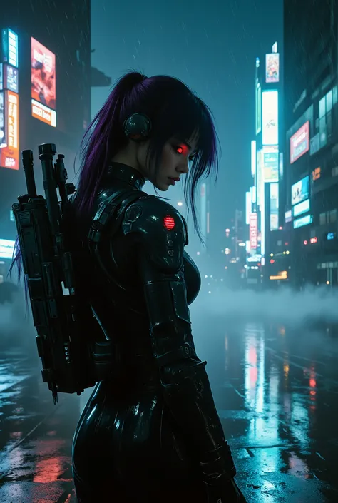 female android assassin, midnight,Cyberpunk City with Violent Explosions and White Smoke,intense shootout with lots of bullets flying around, Look into the scope and hold up the rifle,(top quality,4K,8k,High Resolution,masterpiece:1.2),super detailed,(real...