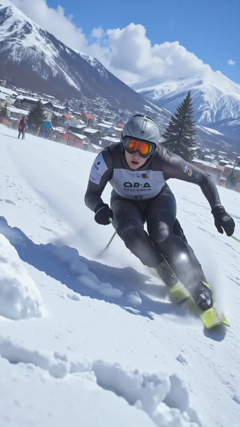 highdefinition picture、Speed skiing competition in black ski wear、Female athlete sliding down a course with a view of Hakuba Village at high speed、