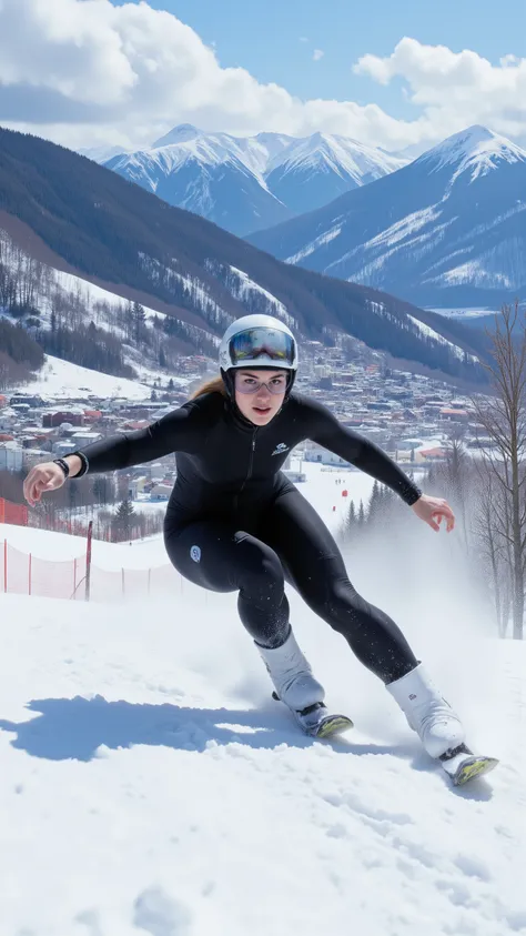 highdefinition picture、Speed skiing competition in black ski wear、Female athlete sliding down a course with a view of Hakuba Village at high speed、