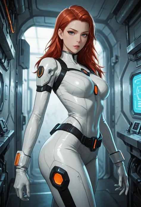 high resolution images, masterpiece, Highest Quality, amazing quality, official art, Highly detailed, Wallpaper, 1 girl, blue eyes, red hair, big eyes, slender, wide hips, (slim thighs), A very attractive and slim woman wearing a tight spacesuit walks thro...