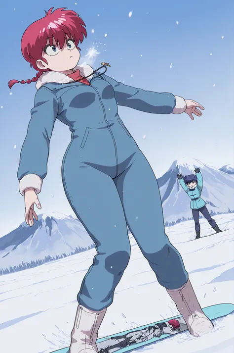 Ranma Saotome. red hair. blue eyes. braid. small breasts. wide hips. necklace. black eyeliner. pink manicure. | A character carves through snowy waves on a snowboard, embracing the rush of speed and freedom. They wear a modern winter ski suit in bold color...