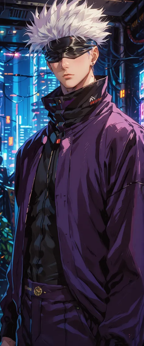 score_9, score_8_up, score_7_up, score_6_up, score_5_up, score_4_up, SatoruGojo, white hair, purple pants, high collar, blindfold, covered eyes, black blindfold, purple jacket, purple pants, 1boy, solo, alone, retro_artstyle, retro, cyberpunk, masterpie...