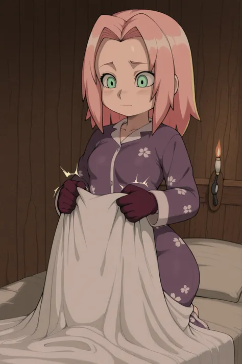 Sakura Haruno. small breasts, huge hips, pink hair, medium hair, light green eyes, thin lips, very fair skin, big forehead. | A character in oversized, soft pajamas reaches into an ornate wooden chest in a dimly lit bedroom. Inside lies a pair of velvet g...