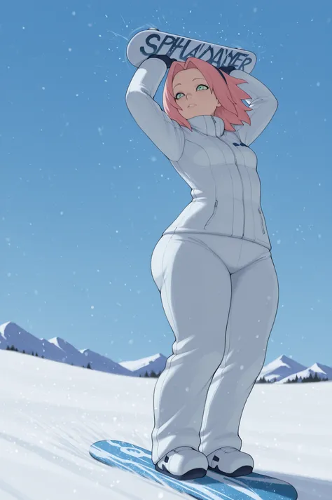 Sakura Haruno. small breasts, huge hips, pink hair, medium hair, light green eyes, thin lips, very fair skin, big forehead. | A character carves through snowy waves on a snowboard, embracing the rush of speed and freedom. They wear a modern winter ski suit...