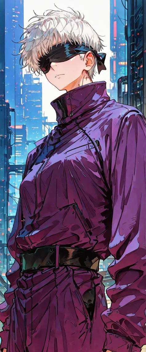 score_9, score_8_up, score_7_up, score_6_up, score_5_up, score_4_up, SatoruGojo, white hair, purple pants, high collar, blindfold, covered eyes, black blindfold, purple jacket, purple pants, 1boy, solo, alone, retro_artstyle, retro, cyberpunk, masterpie...