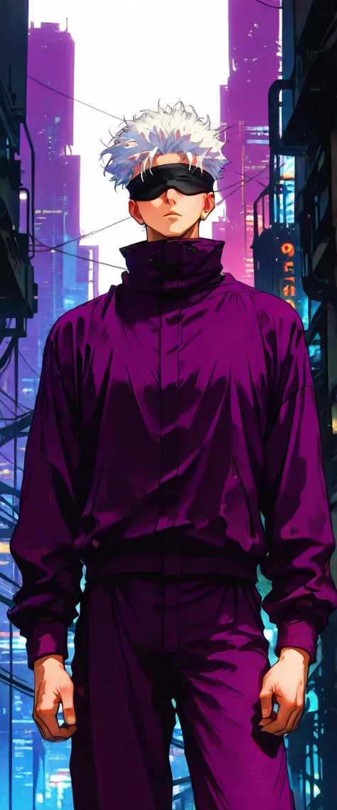 score_9, score_8_up, score_7_up, score_6_up, score_5_up, score_4_up, SatoruGojo, white hair, purple pants, high collar, blindfold, covered eyes, black blindfold, purple jacket, purple pants, 1boy, solo, alone, retro_artstyle, retro, cyberpunk, masterpie...
