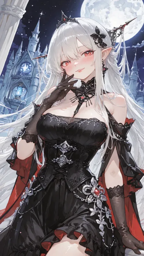 A breathtakingly beautiful vampire queen standing alone on the moonlit balcony of an ancient gothic castle, velvet night sky and full moon behind her. She wears long, luxurious black velvet gloves that reach her elbows, softly catching the silver moonlight...