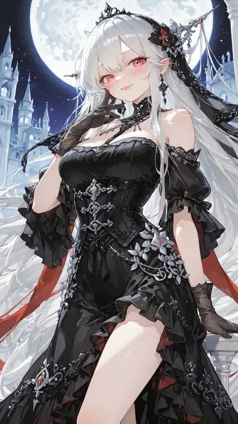 A breathtakingly beautiful vampire queen standing alone on the moonlit balcony of an ancient gothic castle, velvet night sky and full moon behind her. She wears long, luxurious black velvet gloves that reach her elbows, softly catching the silver moonlight...