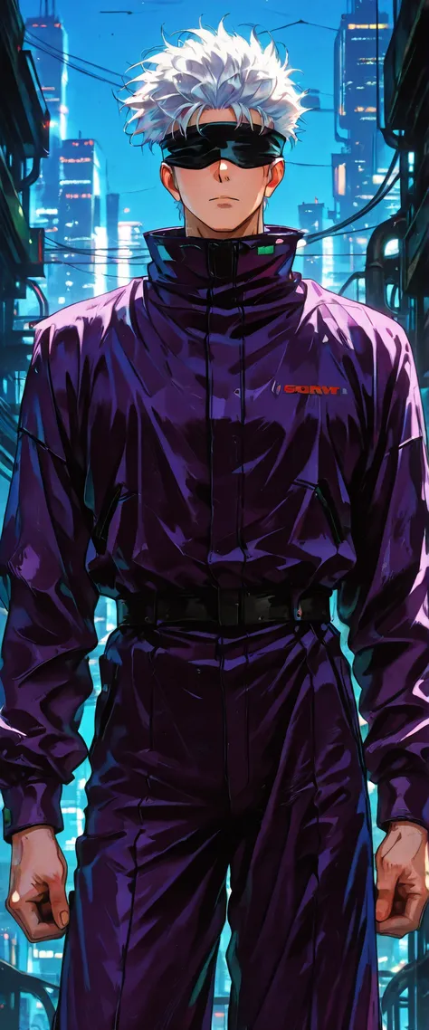 score_9, score_8_up, score_7_up, score_6_up, score_5_up, score_4_up, SatoruGojo, white hair, purple pants, high collar, blindfold, covered eyes, black blindfold, purple jacket, purple pants, 1boy, solo, alone, retro_artstyle, retro, cyberpunk, masterpie...