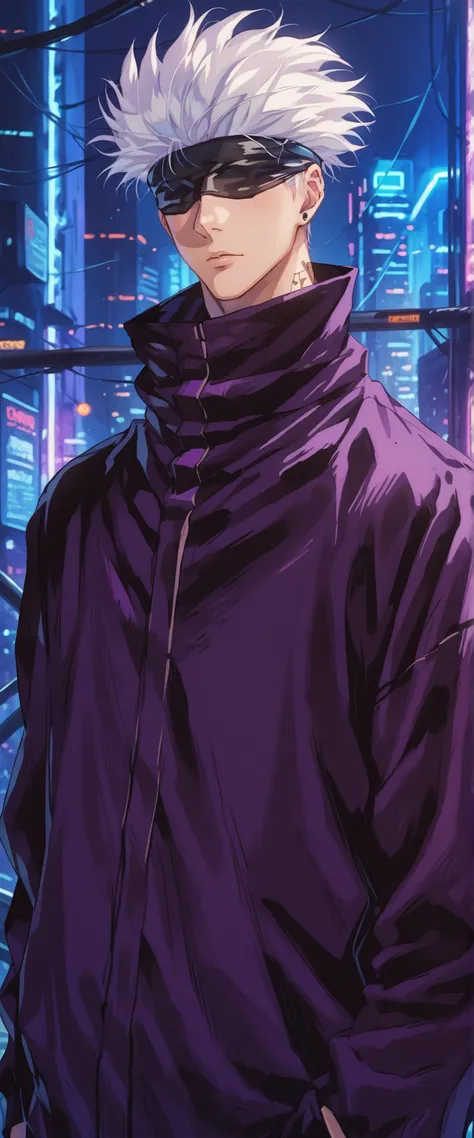 score_9, score_8_up, score_7_up, score_6_up, score_5_up, score_4_up, SatoruGojo, white hair, purple pants, high collar, blindfold, covered eyes, black blindfold, purple jacket, purple pants, 1boy, solo, alone, retro_artstyle, retro, cyberpunk, masterpie...