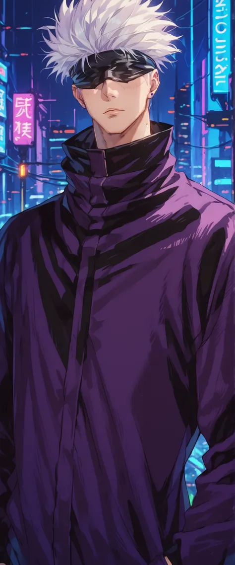 score_9, score_8_up, score_7_up, score_6_up, score_5_up, score_4_up, SatoruGojo, white hair, purple pants, high collar, blindfold, covered eyes, black blindfold, purple jacket, purple pants, 1boy, solo, alone, retro_artstyle, retro, cyberpunk, masterpie...