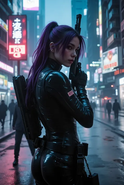 female android assassin, midnight,Cyberpunk City with Violent Explosions and White Smoke,intense shootout with lots of bullets flying around, Look into the scope and hold up the rifle,(top quality,4K,8k,High Resolution,masterpiece:1.2),super detailed,(real...