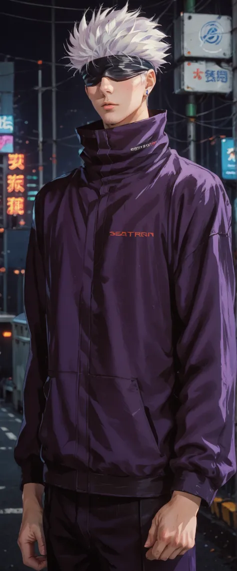 score_9, score_8_up, score_7_up, score_6_up, score_5_up, score_4_up, SatoruGojo, white hair, purple pants, high collar, blindfold, covered eyes, black blindfold, purple jacket, purple pants, 1boy, solo, alone, retro_artstyle, retro, cyberpunk, masterpie...