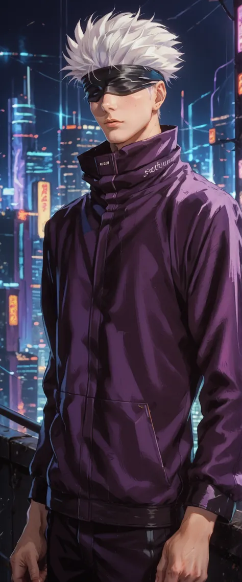 score_9, score_8_up, score_7_up, score_6_up, score_5_up, score_4_up, SatoruGojo, white hair, purple pants, high collar, blindfold, covered eyes, black blindfold, purple jacket, purple pants, 1boy, solo, alone, retro_artstyle, retro, cyberpunk, masterpie...