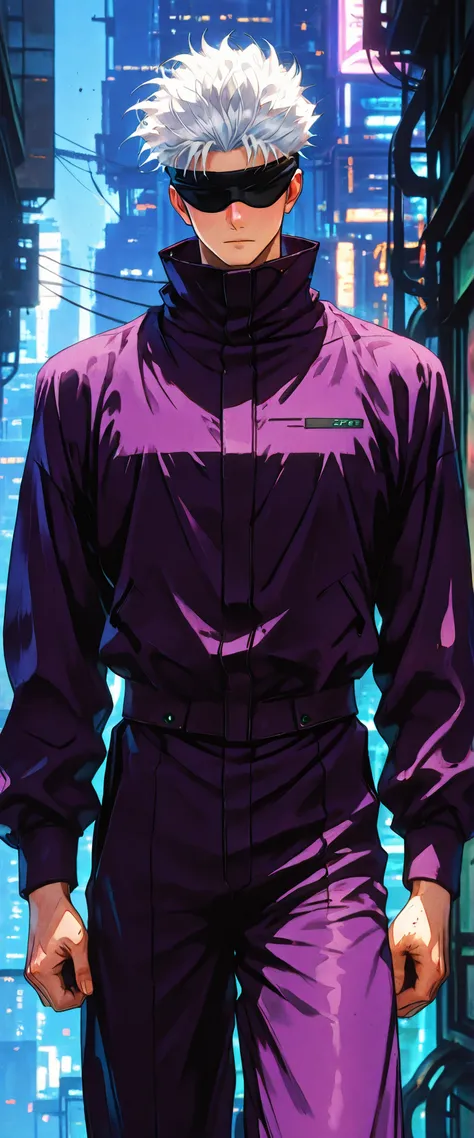 score_9, score_8_up, score_7_up, score_6_up, score_5_up, score_4_up, SatoruGojo, white hair, purple pants, high collar, blindfold, covered eyes, black blindfold, purple jacket, purple pants, 1boy, solo, alone, retro_artstyle, retro, cyberpunk, masterpie...