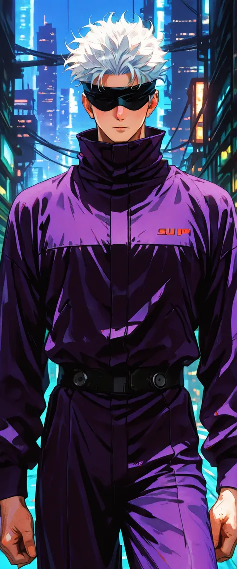 score_9, score_8_up, score_7_up, score_6_up, score_5_up, score_4_up, SatoruGojo, white hair, purple pants, high collar, blindfold, covered eyes, black blindfold, purple jacket, purple pants, 1boy, solo, alone, retro_artstyle, retro, cyberpunk, masterpie...