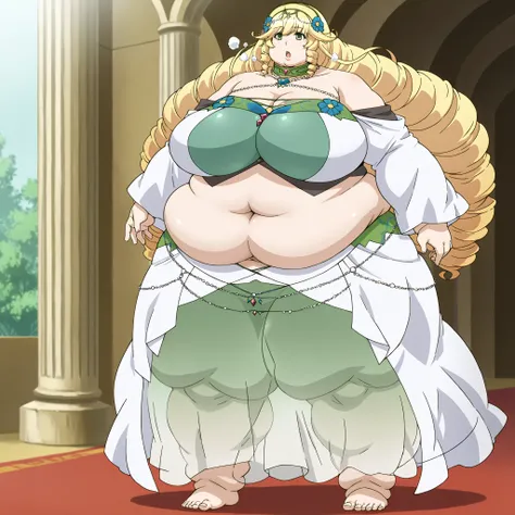 Sofya_O, 1girl,solo,blonde hair, green eyes,long drill hair,flower hairband,tiara,
jewellery necklaces, choker, bare shoulders top,navel, detached sleeves,sarong,see-through skirt, very gigantic breasts, deep clevage, breasts, fat, chubby, obese, fat neck,...