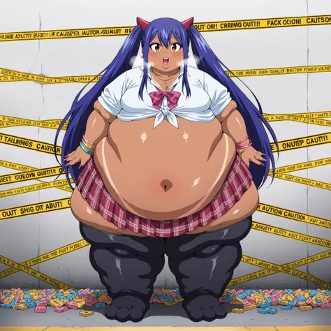 wendy marvell, long hair, hair ornament, ribbon, hair between eyes, twintails, brown eyes, very long hair, blue hair, dark eyes, collared shirt, tied shirt, pleated skirt, flashy gyaru, happy, showy,too many accessories, colorful , kogal, kogal gyaru, neck...