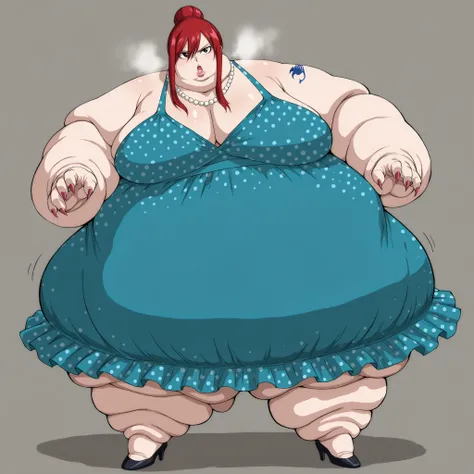 erza scarlet, red hair, brown eyes, tattoo, dark eyes, top hair bun, all hair up, giant top not, 90s dress, polka dot dress, high heels, long nails, makeup, lipstick, big lips, plump lips, thick lips, jewelry, Pearl necklace, fat, chubby, obese, fat neck, ...