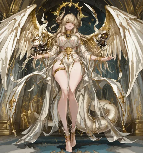 A mythical and powerful hybrid creature with a female humanoid form, featuring majestic ram-like horns and shimmering white scales. Walking graciously, Curvy body, mature women body, big breasts, long model legs, tiny waist. The creature has glowing golden...