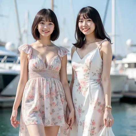 『2 women 、with a different face and hairstyle、Japanese、1 has short hair、Unprocessed Photo、normal woman、Glossのある肌、no makeup、looking at the camera、smiling:1.9』『Saggy Eyes、round face、real photo:1.3』top quality:1.2、((saggy breasts))、((30 year old woman))、((2 p...