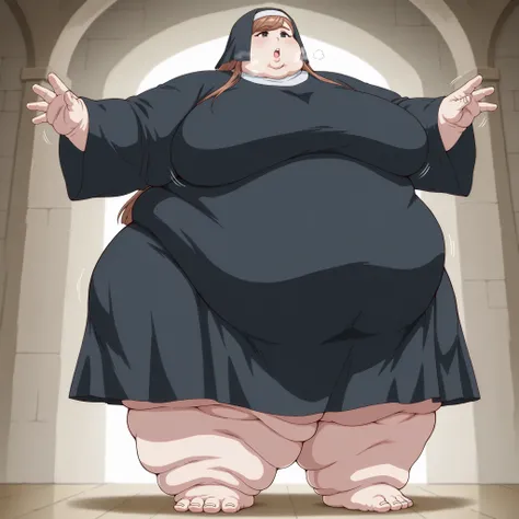 fabinikupriestess, brown hair, long hair, blue eyes, nun, habit, breasts, fat, chubby, obese, fat neck, multiple chins, big breasts open mouth, out of breath, Larger female, full body shot, only head, large head, oversized limbs, large hands, large feet, o...