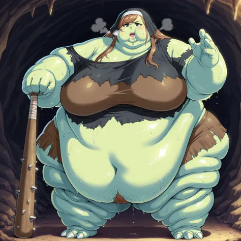 fabinikupriestess, brown hair, long hair, blue eyes, nun, habit, Becoming a orc, monster, Orc, Female Orc, green skin, tusks, Orc, fangs, 1girl, fur, rags, brown crop top, fur trim crop top, single off shoulder, midriff, navel, brown miniskirt, fur trim mi...