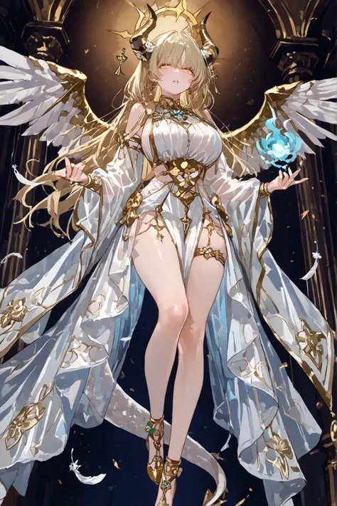 8k wallpaper、 top quality 、masterpiece, 748cm スThailandル 、A mythical and powerful hybrid creature with a female humanoid form, featuring majestic ram-like horns and shimmering white scales. Curvy body, mature women body, big breasts, long model le...