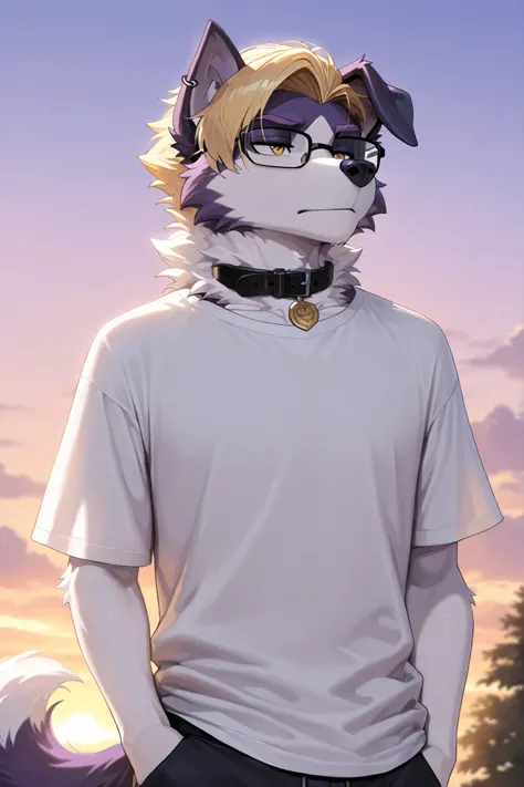 medium portrait, masterpiece, high quality, detailed, best quality, bordier collie, canid, canine, canis, collie, domestic dog, herding dog, pastoral dog, sheepdog, furry, anthro, dean, blonde hair, yellow eyes, glasses, dark purple nose, black ear ring, e...