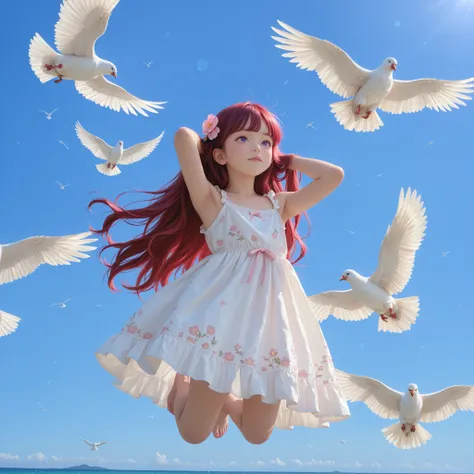 ultra sharp, 8k, Canon R5, 85mm f/1.2 lenses, Clean Exposure, Cinematic depth of field. outdoor, Paolo Peregrin's enigmatic atmosphere and Roger Deakins' moody lighting. young girl, (long reddish-purple red crimson long hair) ツインテールヘアー, arms behind head, l...